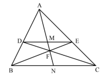 תרשים: משולש ABC, קטע DE מקביל ל-BC, נקודות M,N על ההמשכים